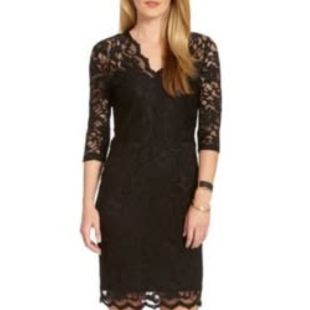KAREN KANE V Neck Scallop Hem Lace Black Dress NWT Size Small